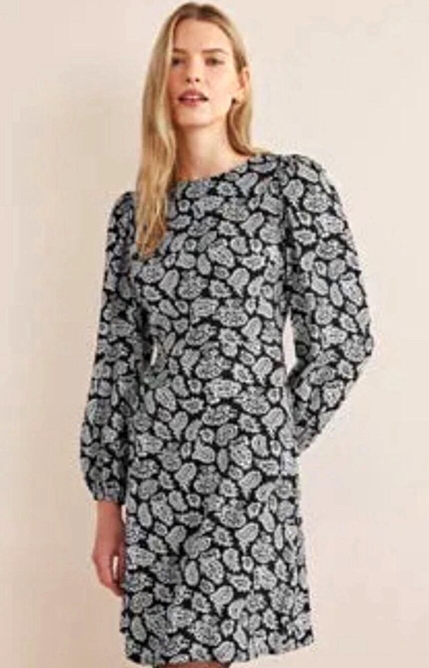 Boden Black White Paisley A-Line Mini Dress Sz 8R Blouson Sleeve Career Wear